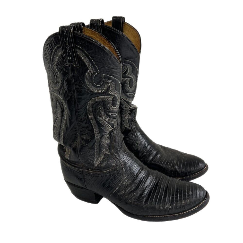 TONY LAMA MEN'S BLACK LEATHER & LIZARD WESTERN BOOTS Size 9 D USA MADE